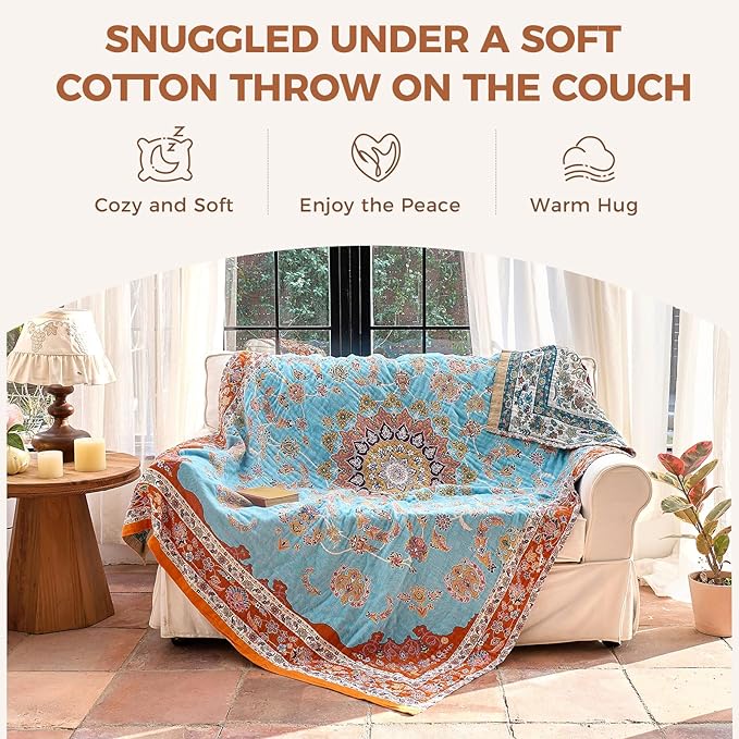 Boho Throw Blanket for Bed Cotton Spring Blankets for Bedroom Living Room Twin All Season Lightweight Floral Embroidery Quilt for Couch Sofa Chair 60"x80" Home Decor