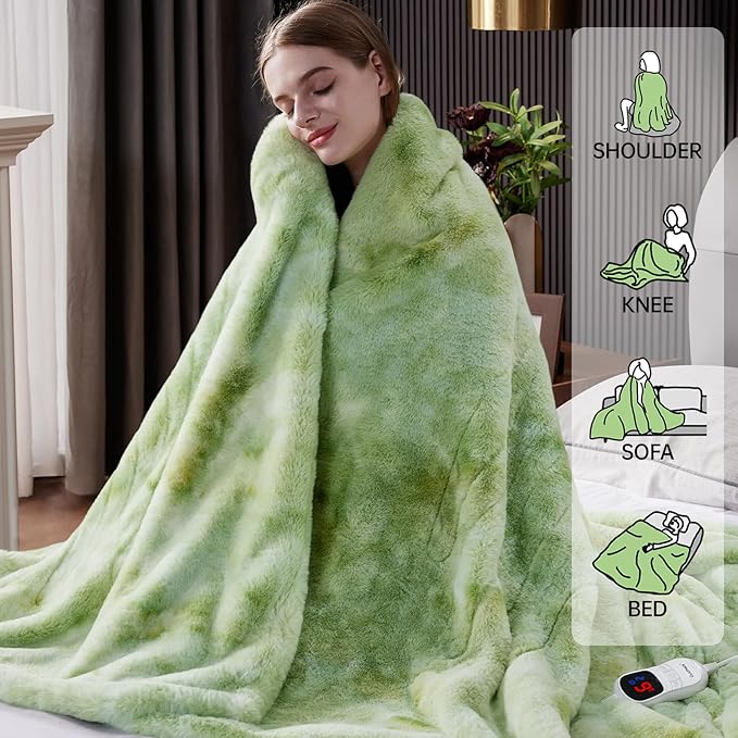 Guohaoi Heated Blanket Electric Throw, Soft Faux Rabbit Fur Electric Blanket with 10 Heating Levels 5 Sitting Timer Auto Off, Cozy Warm Heating Blankets, Machine Washable(72"×84" Light Green)