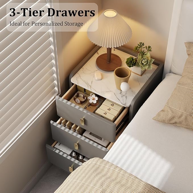 AQIMUELE Narrow Nightstand with Drawers, Narrow Side Table Leather, Small Bedside Tables for Bedroom. (Dark Gray)