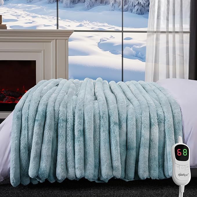 Heated Throw Blanket, Faux Fur Cozy Heating Blanket with Overheat Protection, 1/2/4/6/8 Hours Auto-Off 10 Heat Level, Machine Washable (72x84 I Inches, Blue)