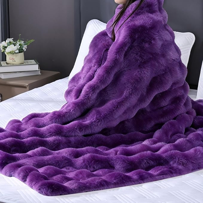 Purple Faux Fur Thick Bed Soft Throw Blanket 60X80 for Couch Living Room Fluffy Bubble Faux Rabbit Fur Blanket Warm Bunny Blanket Home Decor 860 GSM