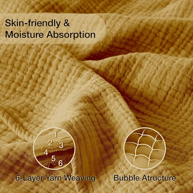 100% Cotton Muslin Blanket Twin 66" x 90", 6 Layers Breathable and Lightweight Cotton Blankets for Couch, Soft Cooling Summer Gauze Blanket for Adults All Season, Mustard