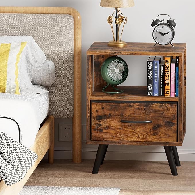Night Stand, Brown Nightstand with Drawer, Side Table with Open Storage, 2-Tier Modern End Table, Bedside Table for Small Space, Living Room, Bedroom