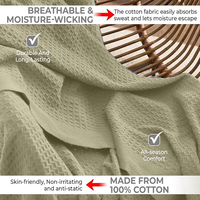 100% Cotton Blankets for Bed - Waffle Weave Blankets for Summer, Lightweight and Breathable Soft Woven Blanket for Spring (Olive Green, Throw (50" x 60"))