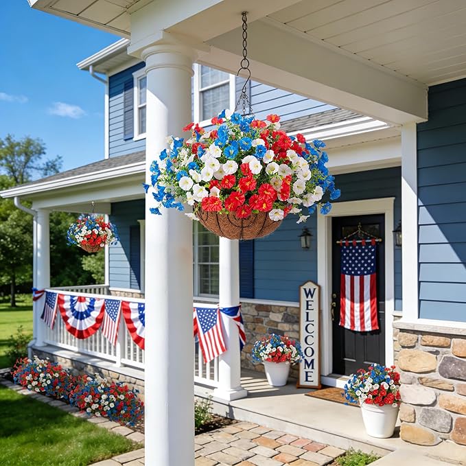Artificial Fake Hanging Flowers with Basket for Outdoors, Faux Petunias Flowers Fake Hanging Plants with Eucalyptus Realistic UV Resistant for Outside Patio Garden Porch Balcony Yard Decor
