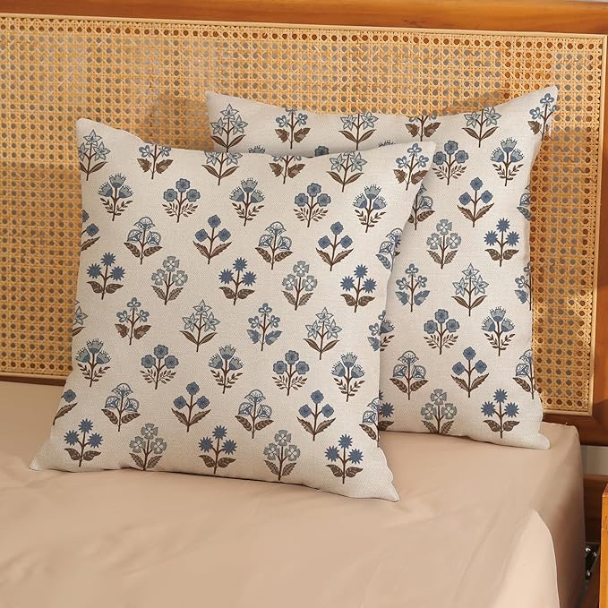 Brown Blue Pillow Covers 20x20 Inch Set of 2 Boho Block Print Floral Throw Pillows Vintage Flower Decorative Pillow Cases Outdoor Linen Farmhouse Cushion Cover for Couch Sofa Bed Decor