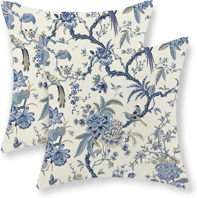 Chinoiserie Floral Bird Pillow Covers 18x18 Set of 2 Spring Chinoiserie Flowers Decorative Pillowcase Outdoor Blue and Cream Throw Pillows Farmhouse Linen Cushion Case for Couch Home Decor