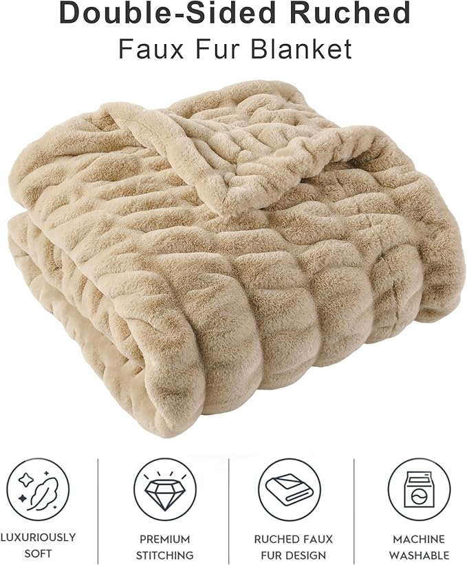 BATTILO HOME Beige Faux Fur Throw Blanket for Bed, Large Double Side Reversible Ruched Rabbit Fur Blanket for Couch, Living Room, Soft Warm Mink Cozy Blanket, 60x80 Inch