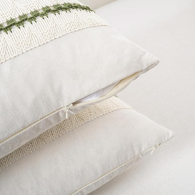 Fancy Homi Set of 2 Boho Moss Green Decorative Throw Pillow Cover 16x16 Inch for Couch Bed Sofa, Aesthetic Modern Organic Farmhouse Home Decor, Soft Cotton Cute Accent Macrame Woven Cushion Case