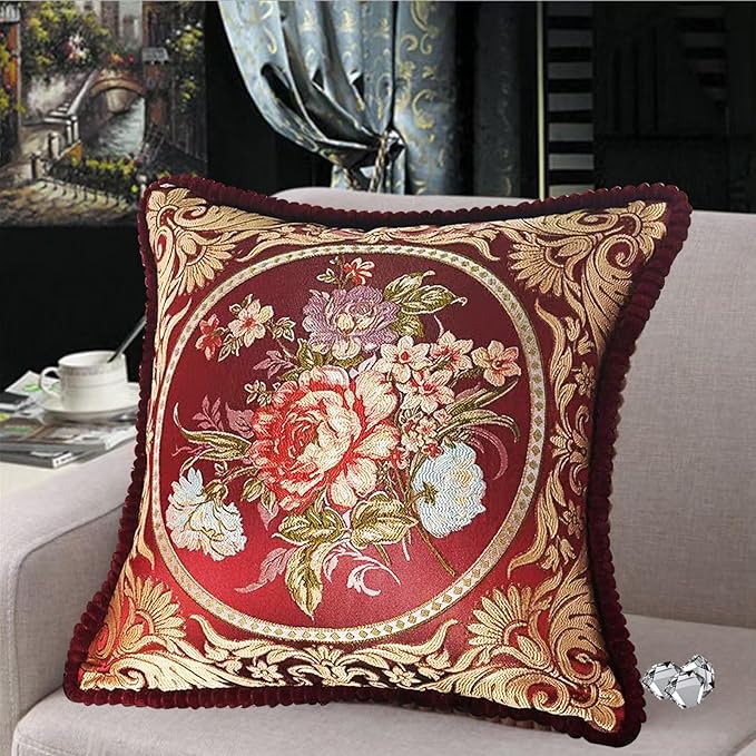 SZHELEJIAM Embroidered Pillow Cover Set of 2, Jacquard Throw Pillow Covers,Vintage Floral Decorative Cushion Covers for Sofa, Bed, Lounger.18.8x18.8 Inch Red