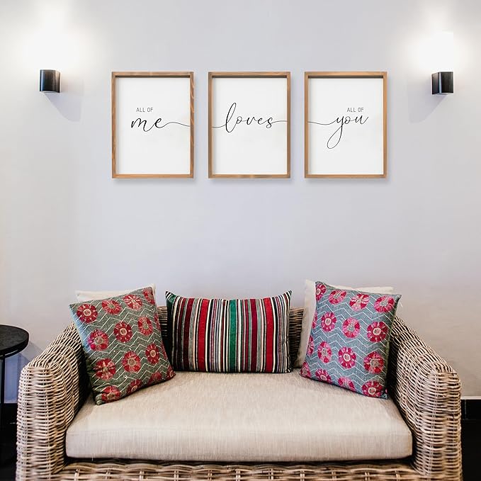 Set of 3 Framed Farmhouse All of Me Loves All of You Sign 11x14” Above Bed Wall Decor for Bedroom Decor Wall Art Wood Signs (11x14, Brown)