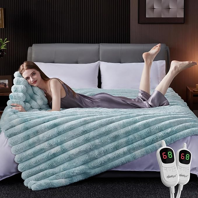 Heated Throw Blanket, Faux Fur Cozy Heating Blanket with Overheat Protection, 1/2/4/6/8 Hours Auto-Off 10 Heat Level, Machine Washable (90x100 Inches, Blue)
