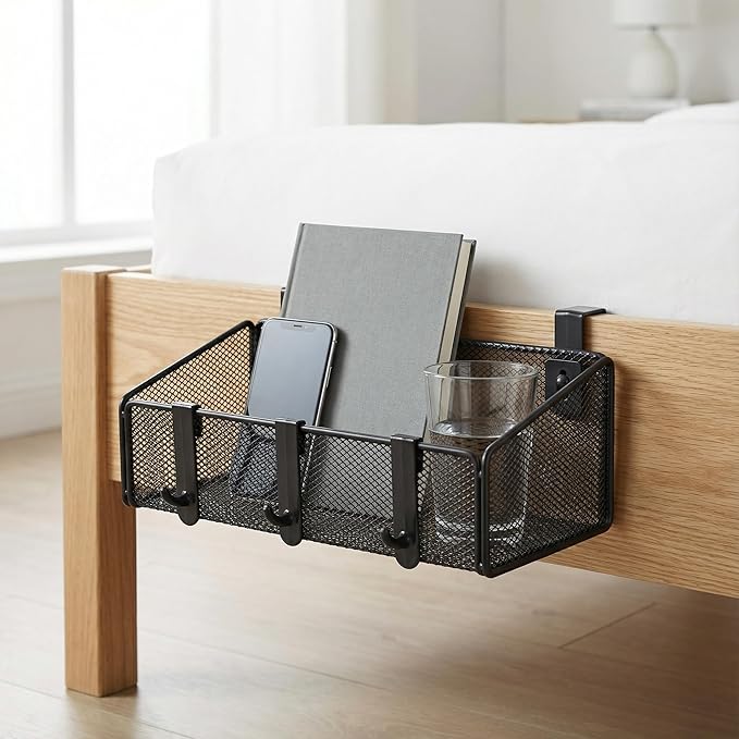 Bedside Caddy Shelf Hanging Storage Basket for Bunk Bed, Office Cubical Walls, Baby Rails, College Dorm Organizer - 5 Pairs Sized Hooks for Phone, Glass, Magazine, Decor (Black)