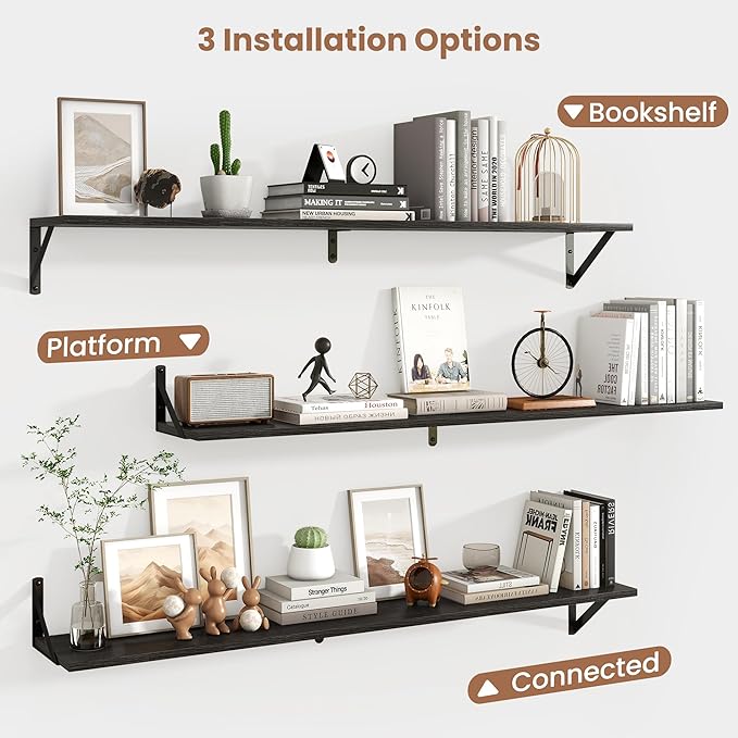 Axeman 48 Inch Floating Shelves | 8 Inch Deep Black Wall Shelves Set of 2 | 47.3" W x 8" D Rustic Black Wood Shelves for Bathroom Kitchen Living Room