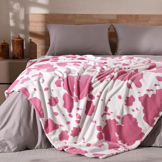 Cozy Bliss Cow Print Throw Blanket for Bed - Fuzzy Thick Soft Warm Fleece Blankets for Couch & Bed, for Women Men Girls Kids, Pink Large King Size 120"*100"