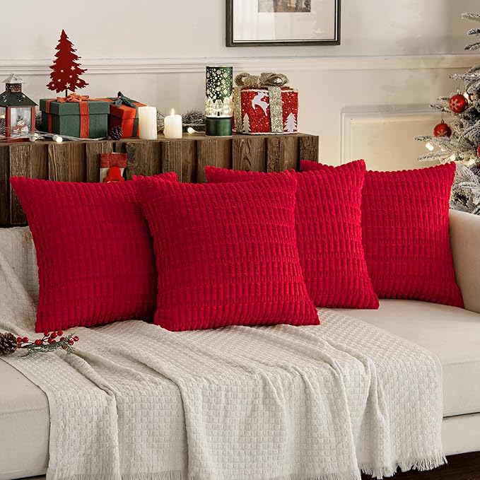 MIULEE Pack of 4 Christmas Red Corduroy Decorative Throw Pillow Covers 20x20 Inch Soft Boho Striped Pillow Covers Modern Farmhouse Home Decor for Sofa Living Room Couch Bed