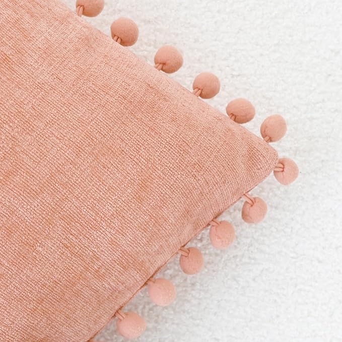 CaliTime Throw Pillow Covers Decorative 20 X 20 Inches Pack of 2 Cozy Solid Dyed Soft Chenille Cushion Cases with Pom Poms for Couch Sofa Bed Living Room Home Dusty Pink