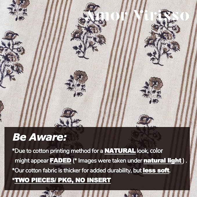 Amor Virisso Floral Throw Pillow Covers 22x22 Set of 2 Block Print Pillow Covers Neutral Floral Striped Farmhouse Decorative Pillow Covers for Sofa Couch Bed, Brown