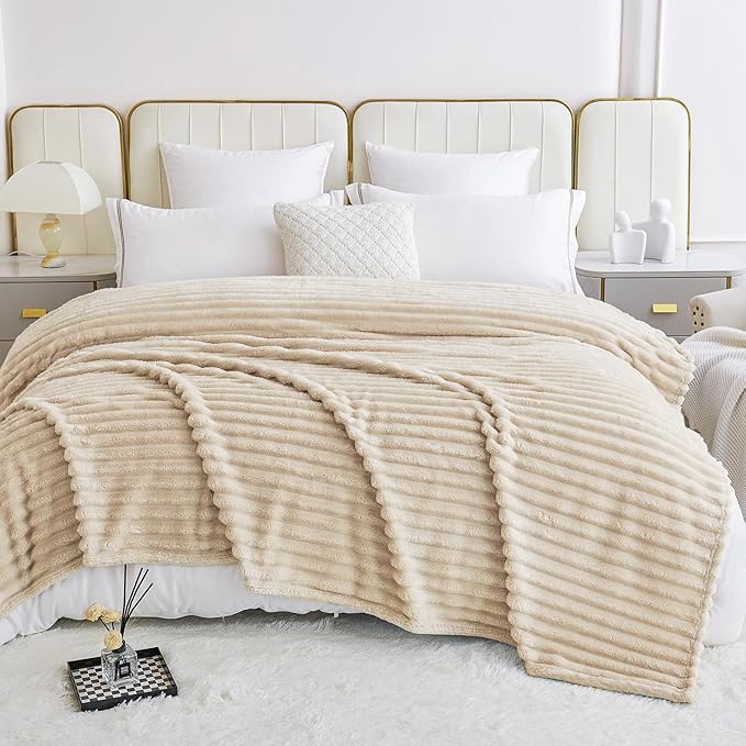 Comelady Fleece Twin Blanket for Bed,Super Soft Warm Fluffy Throw Blanket for Couch Sofa Room Decor-Lightweight Cozy Fuzzy Striped Blanket for All Seasons(Light Brown,60"×80")