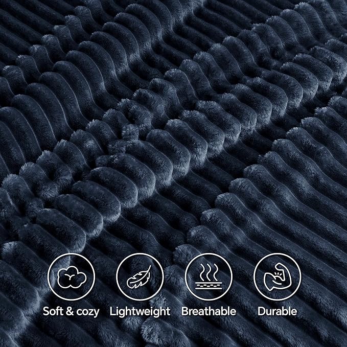 INFIIXSO Sherpa Throw Blanket for Couch - Super Soft & Warm Striped Fleece Blanket, Cozy Plush Fluffy Blanket All Season Use (Navy Blue, 50x60 Inches)