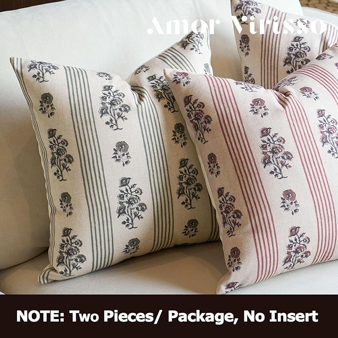 Amor Virisso Floral Throw Pillow Covers 24x24 Set of 2 Block Print Pillow Covers Neutral Floral Striped Farmhouse Decorative Pillow Covers for Sofa Couch Bed, Dusty Green