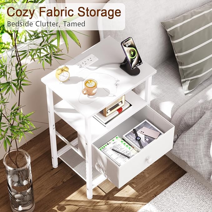 White Nightstand with Charging Station, End Table with Fabric Drawer, Night Stand for Bedroom, Small Bed Side Table with USB Ports and Outlets for Living Room, HETS010WT-1