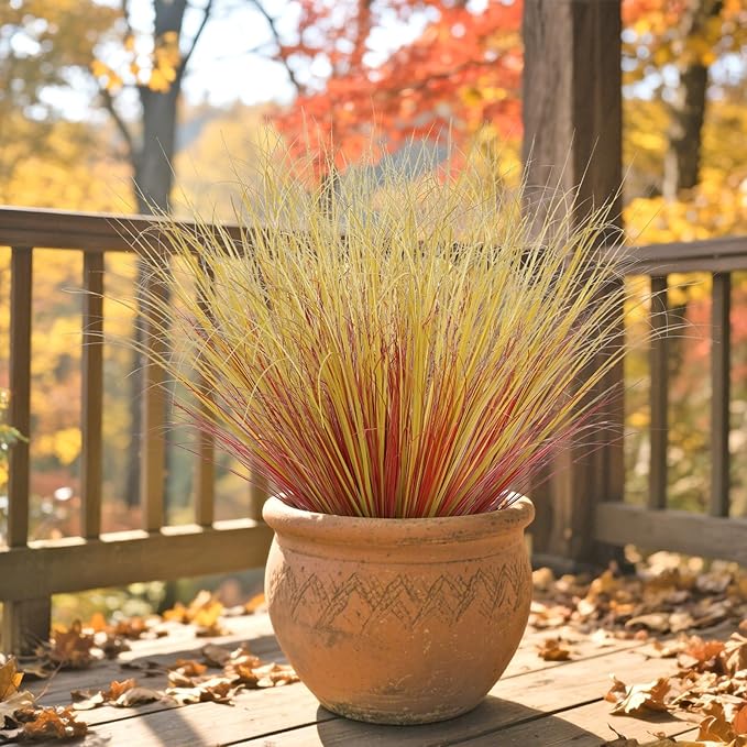 24 Bundles Artificial Fall Plants Outdoor Fake Shrubs Autumn Wheat Grass 20 Inch Fall Greenery Stems Tall Onion Grass UV Resistant Faux Bushes Plant for Garden Farmhouse Thanksgiving Fall Decor