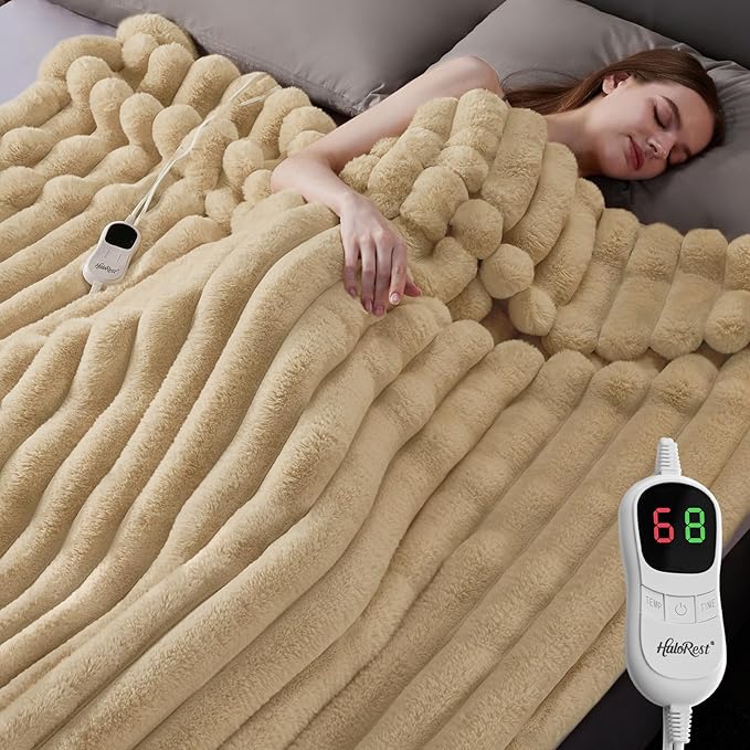 Heated Blanket Full Size, Faux Fur Cozy Heating Blanket with Overheat Protection, 1/2/4/6/8 Hours Auto-Off 10 Heat Level, Machine Washable (72x84 Inches, Beige)