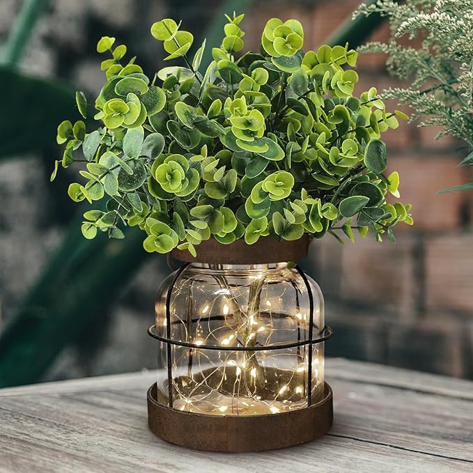 Farmhouse Rustic Glass Vases Primitive Country Lantern Coffee Dining Table Centerpiece Green Fake Artificial Eucalyptus Plants with Light Home Decor for Shelf Desk Counter Kitchen Bathroom