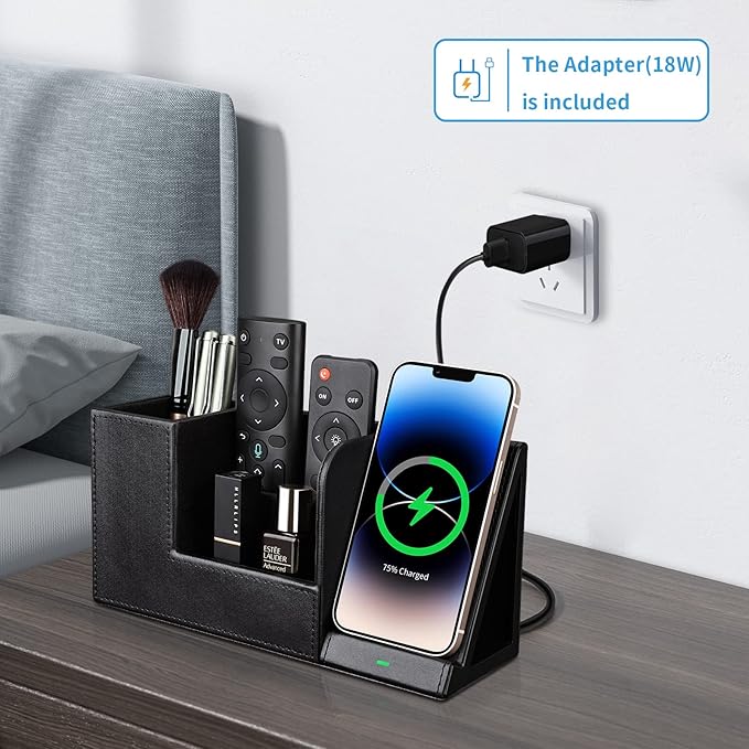 KINGFOM PU Leather Desk Organizer with Wireless Charging Station for iPhone, 10W Wireless Charger for iPhone 14/14 Pro/13/12/Samsung Galaxy S23/S22/S21/Note 20/Note 10(Black-L)