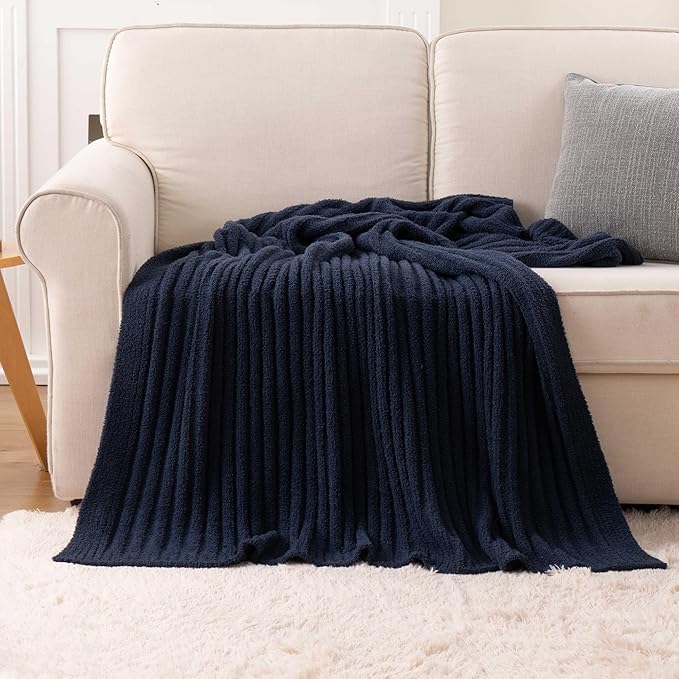 BATTILO Navy Blue Throw Blanket for Couch, Fluffy Cozy Knit Throws for All Season, Soft Warm Lightweight Blanket for Bed, Sofa, Home Decor, 50"x60"