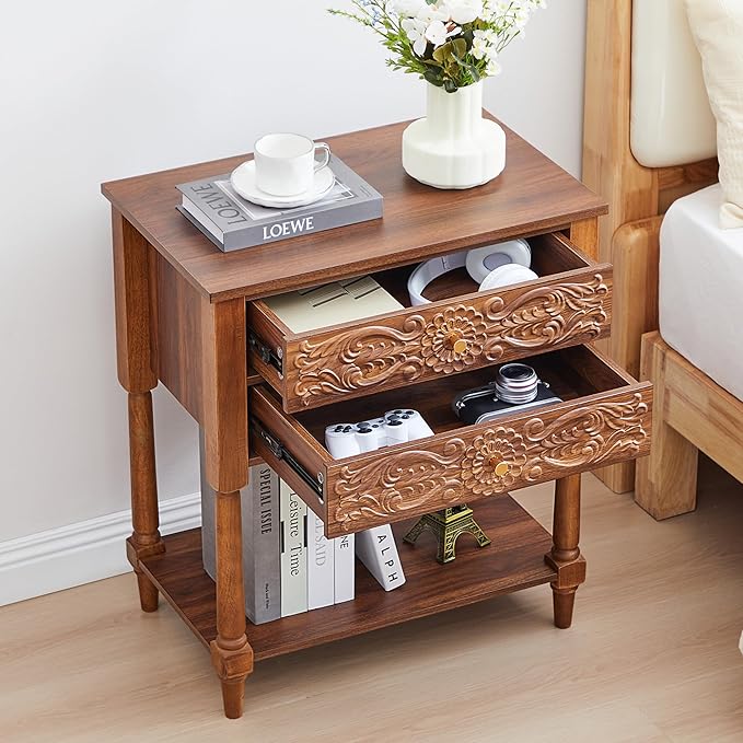 Nightstand, Farmhouse Bedside Table with 2 Drawers and Open Shelf, Wood Sofa Side Table End Table Accent Dresser for Bedroom, Living Room (with Shelf, Walnut)