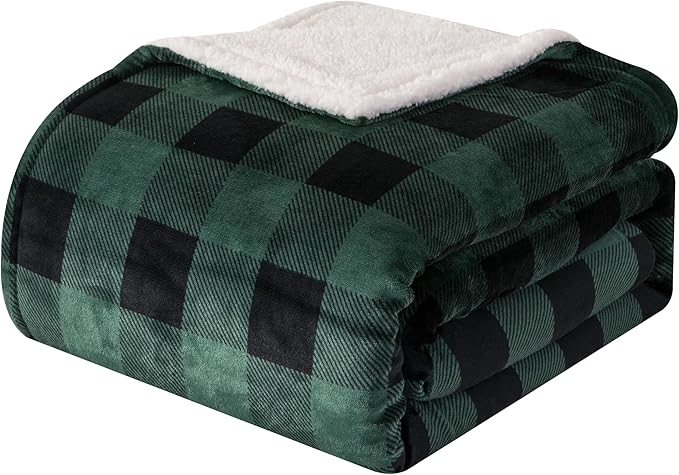Elegant Comfort Luxury Ultra-Plush Velvet Touch Buffalo Plaid Fleece Throw - Soft, Warm, Cozy Micromink Sherpa-Backing Reversible Blanket for Bed, Sofa and Couch, Buffalo Green