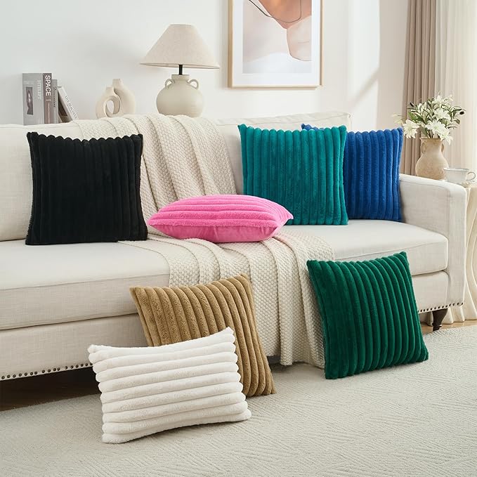 FUTEI Camel Decorative Throw Pillow Covers Set of 2, 16x16 Inch Soft Fluffy Faux Fur Plush Striped Cushion Cases, Modern Home Decor for Couch Bed Living Room