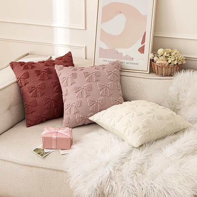 MIULEE Burgundy Bow Pillow Covers Coquette Room Decor Aesthetic Set of 2 Decorative Cute Girl Soft Plush Faux Pillowcase for Preppy Room Decor Bedroom Couch,18x18 Inch