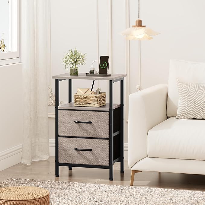 Vagusicc Nightstand with Charging Station, Side Table with 2 Fabric Drawers, Bedside Table with Open Shelf, 24.2" Tall End Table with USB Ports and Outlets, Night Stand for Bedroom, Greige