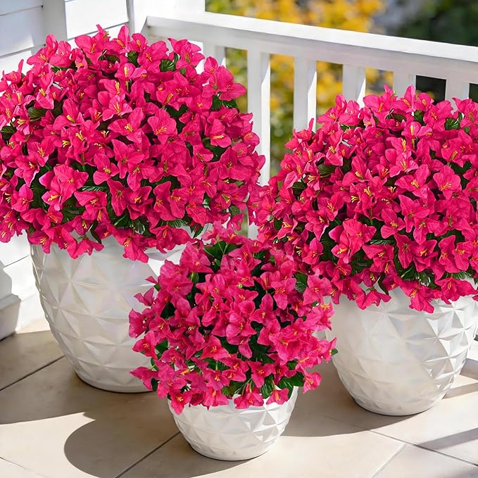 Yastouay 8 Bundles Artificial Flowers for Outdoors, Realistic Bougainvillea Fake Flowers for Outside, UV Resistant Silk Outdoor Faux Plants for Porch Patio Planter Front Door Garden Decor(Hot Pink)