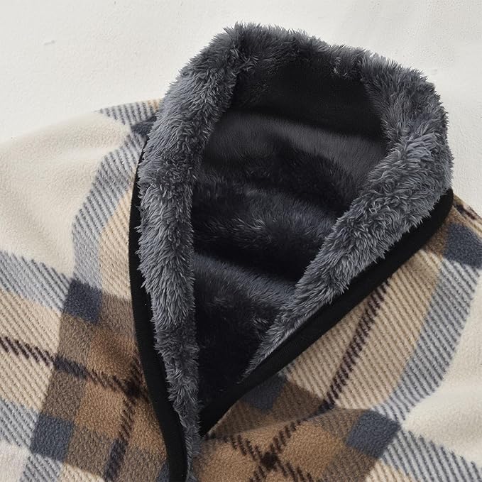 forestfish Fleece Wearable Blanket, Plaid Lap Blanket Comfy Poncho Throw with Buttons for Bed Sofa Office, Mocha
