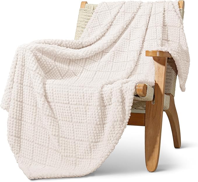 Whale Flotilla Fuzzy Fleece Throw Blanket for Couch, Bed, Soft Fluffy Jacquard Waffle Blankets for All Season, Lightweight and Warm, 50x60 Inch, Ivory