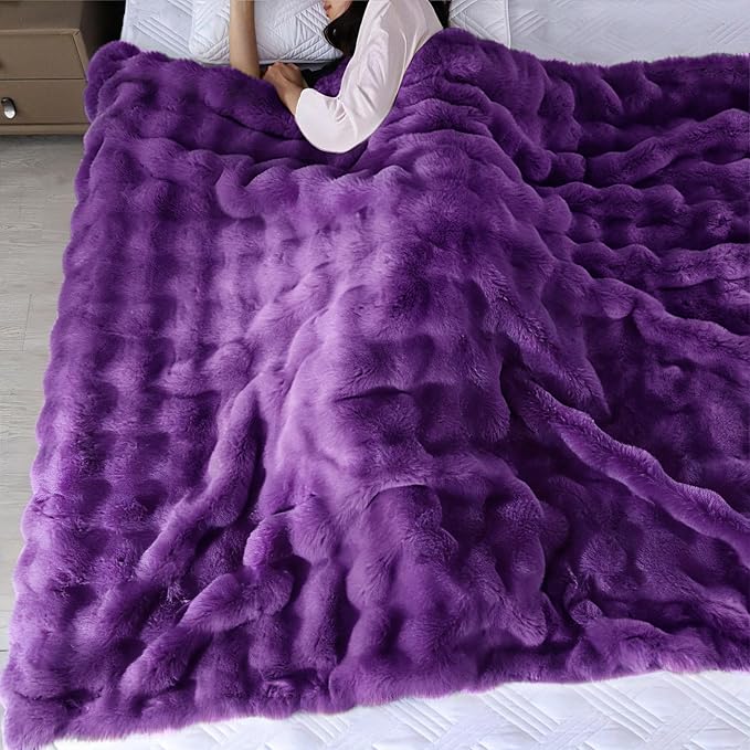Fluffy Furry Purple Faux Fur Throw Blanket for Couch Bed 50x60 Fuzzy Bubble Soft Blanket for Adults Gift Home Living Room Decorative Decor 860 GSM