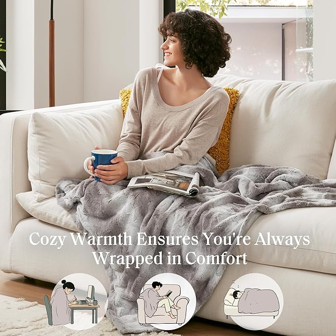 Madison Park Throw Blanket, Soft Faux Fur Blanket Plush Reversible Throw Home Decor, Luxuriously Soft All Seasons Fuzzy & Cozy Blanket, Knitted Throw for Couch, Bed Blanket, Zuri, 50x60 Grey