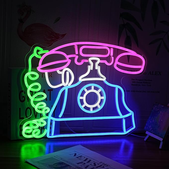 Telephone Neon Sign Retro Phone Light Up Sign Dimmable Landline Neon Light Colorful Phone LED Sign for Bedroom Office Bar Shopping Center School