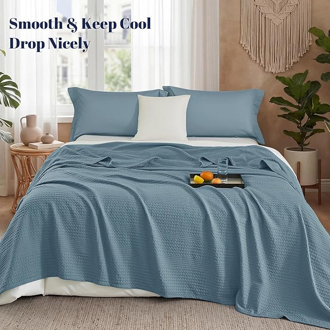 PHF Lightweight Waffle Weave Blanket Queen Size, Breathable & Ultra Soft, 90"x 90" Soft & Cozy Thin Blanket for All Season & Hot Sleepers, Bed, Home Decor - Stormy Blue