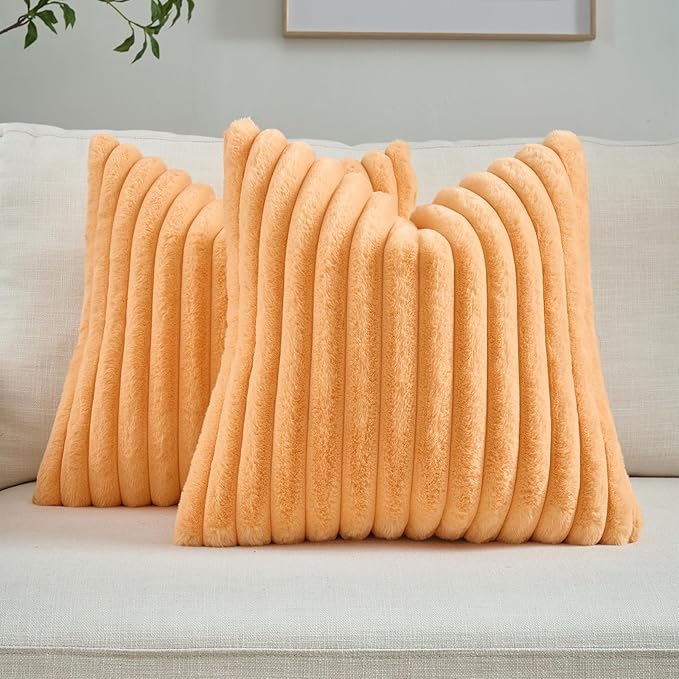 FUTEI Orange Decorative Throw Pillow Covers Set of 2, 22x22 Inch Soft Fluffy Faux Fur Plush Striped Cushion Cases, Modern Home Decor for Couch Bed Living Room