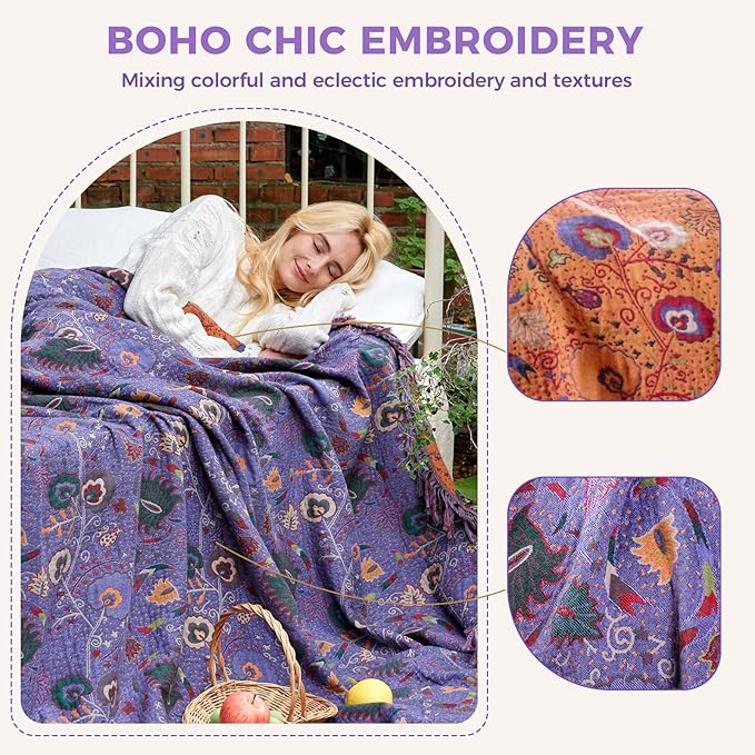Boho Throw Blanket for Bed 100% Cotton Soft Lightweight Quilt Home Livingroom Decor Purple Spring Bed Blanket,Floral Embroidery Reversiable All Season Breathable Blankets for Sofa Couch Chair 90"x98"