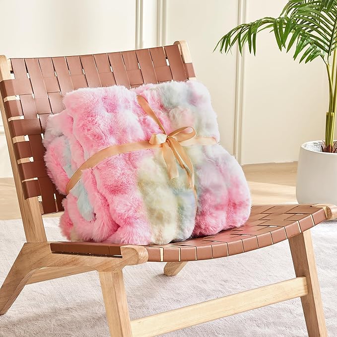 Luxury 1000GSM Faux Rabbit Fur Throw Blanket, Super Heavy Warm Cozy Blankets for Couch Bed Sofa, Bubble Plush Fuzzy Elegant Soft Reversible Mink Blanket for Living Room Bedroom, Rainbow