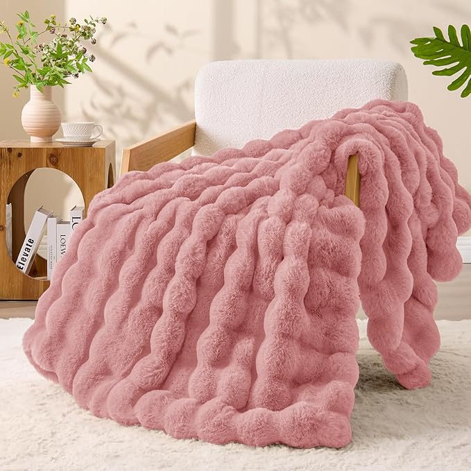 BEDELITE Faux Fur Pink Throw Blanket, Soft Cozy Plush Bubble Blanket for Couch Sofa Bedroom Living Room Decor - 870GSM Thick Warm Fuzzy Fluffy Faux Rabbit Fur Blanket for Women Gift, 60x80 Inches