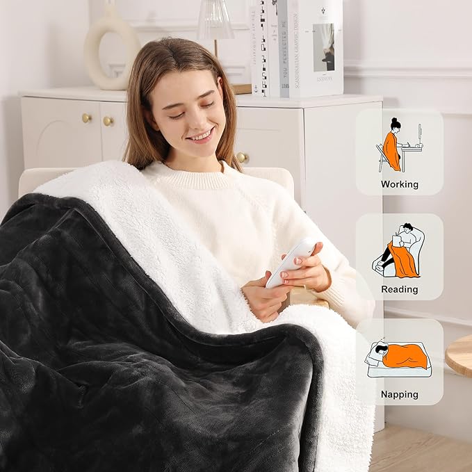 Heated Throw Heating Blanket 50''X60'' - Electric Throw Soft Plush Sherpa with 5 Heating Level & 4 Hour Auto Off, ETL Certified & Overheat Protection, Warm Gifts for Grandma (Charcoal Gray)