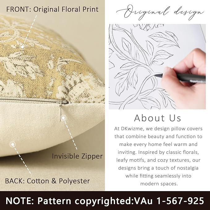 Vintage Floral Print Throw Pillow Covers 26x26 Set of 2 Neutral Modern Farmhouse Pillowcases Accent Decorative Cushion Covers Boho Home Decor for Couch Sofa Chair Bed Living Room, Yellow