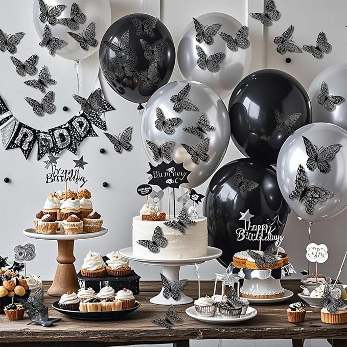 3D Butterfly Wall Decor 96Pcs 3 Sizes 4 Styles Butterfly Party Decorations Cake Decorations Removable Stickers Wall Halloween Decor Room Mural Metallic Kids